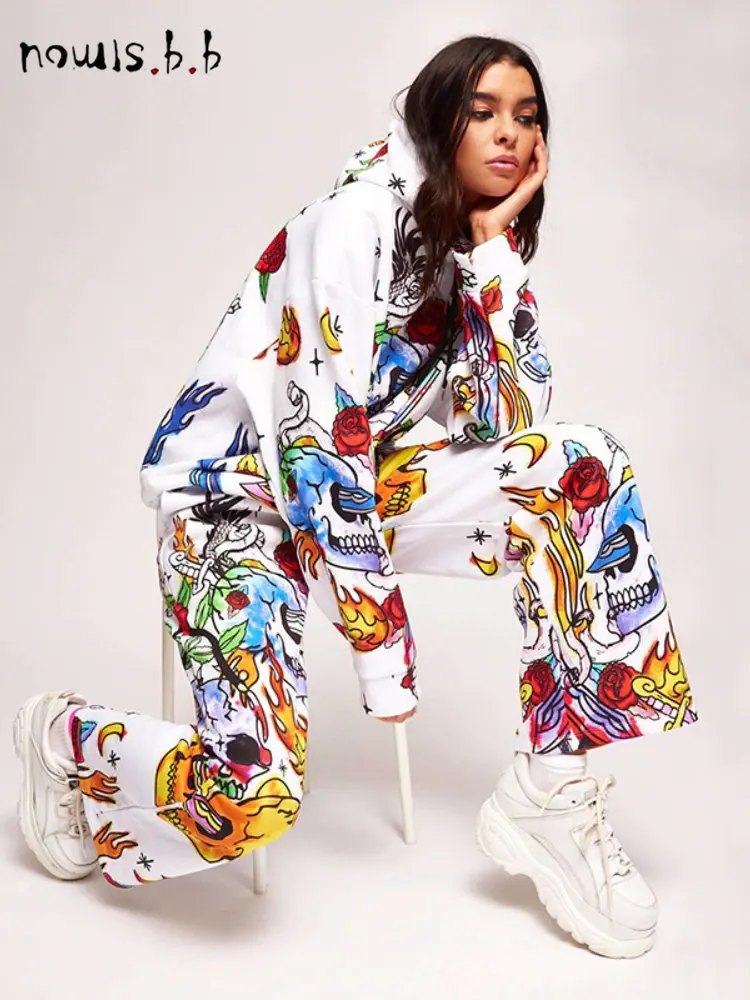 

NOWISBB Flame Trousers Sets Casual Sweatshirt Overalls Hoodies Sportwear Tracksuits Y2K Skull Loose 2 Piece Sets Womens Outfits