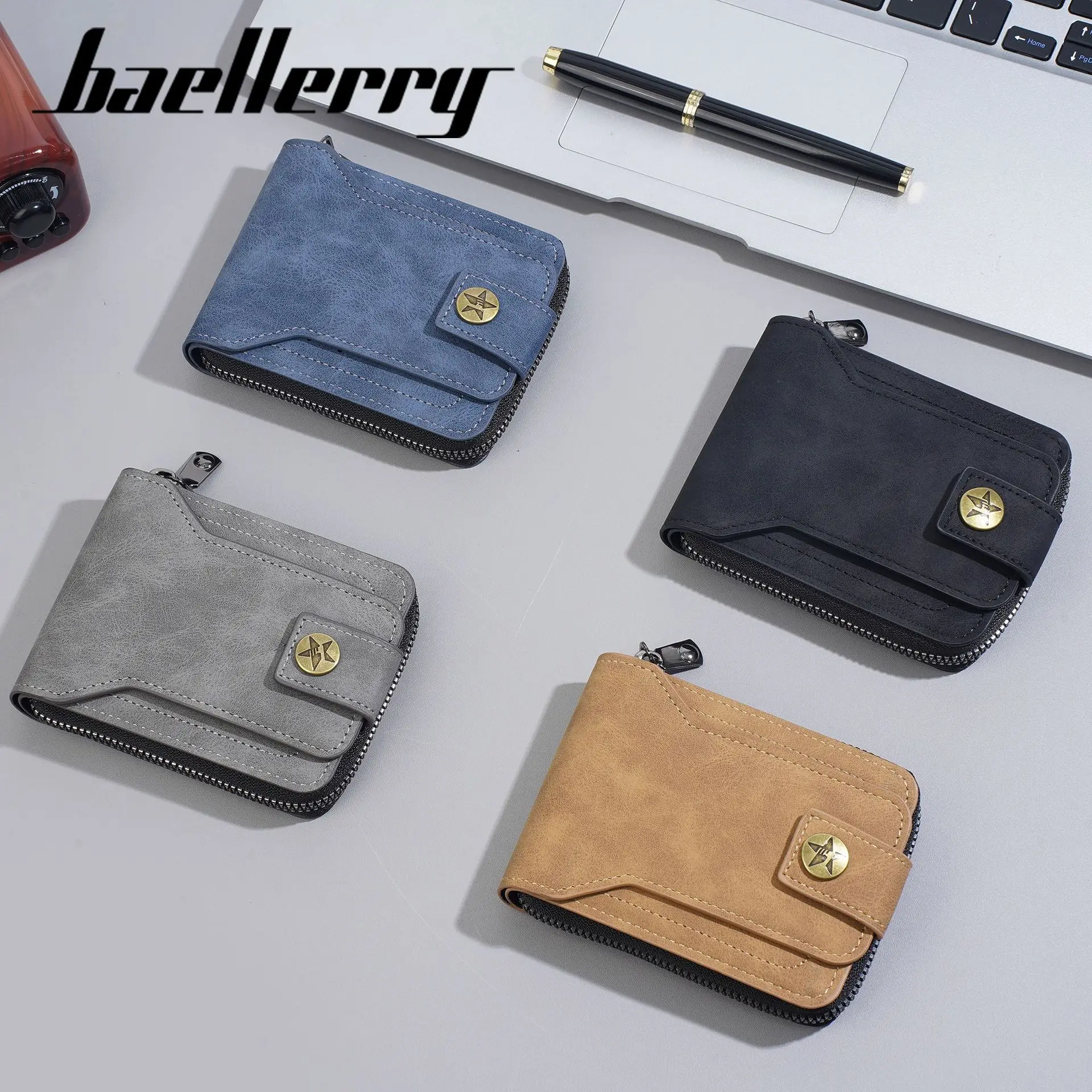 1Pcs Men's Multifunctional Short Wallet Zipper Closure Multiple Card Slots Large Capacity Coin Pocket Star Clasp
