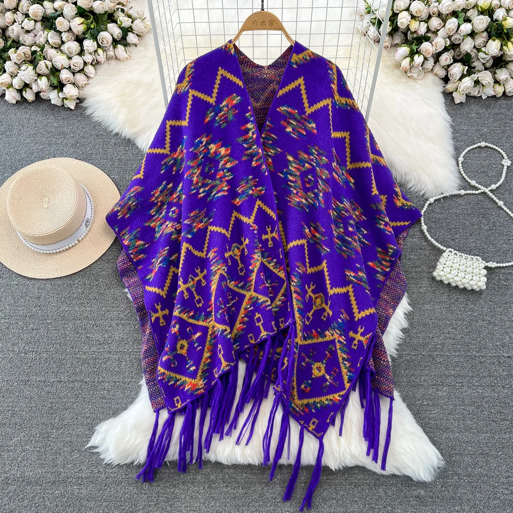 

Autumn and Winter New Fashion Bohemian Retro Ethnic Style Knitted Shawl Women's Loose Casual Tassel Jacquard Sweater Jacket
