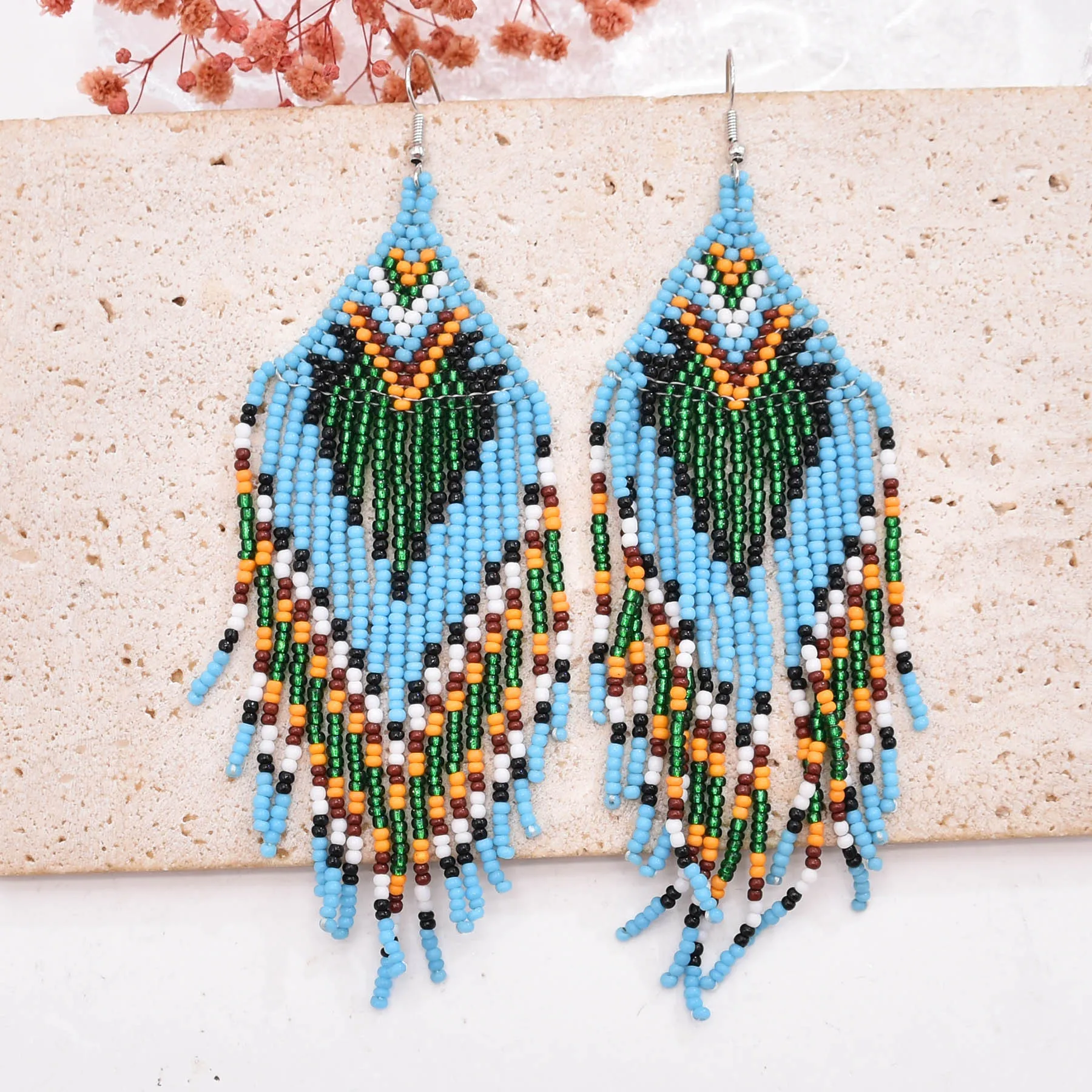 

Rice bead earrings Tassel Geometry Design Originality Hand knitting Bohemia Alloy Fashion Simple Beaded earrings