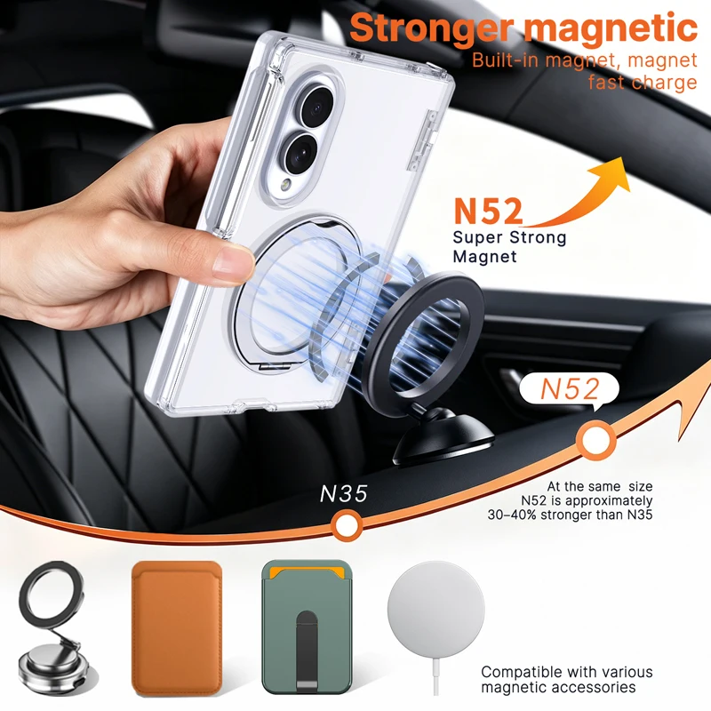 Shockproof Magnetic Transparent Protective Case with Folding Ring Stand and Hinge Protection