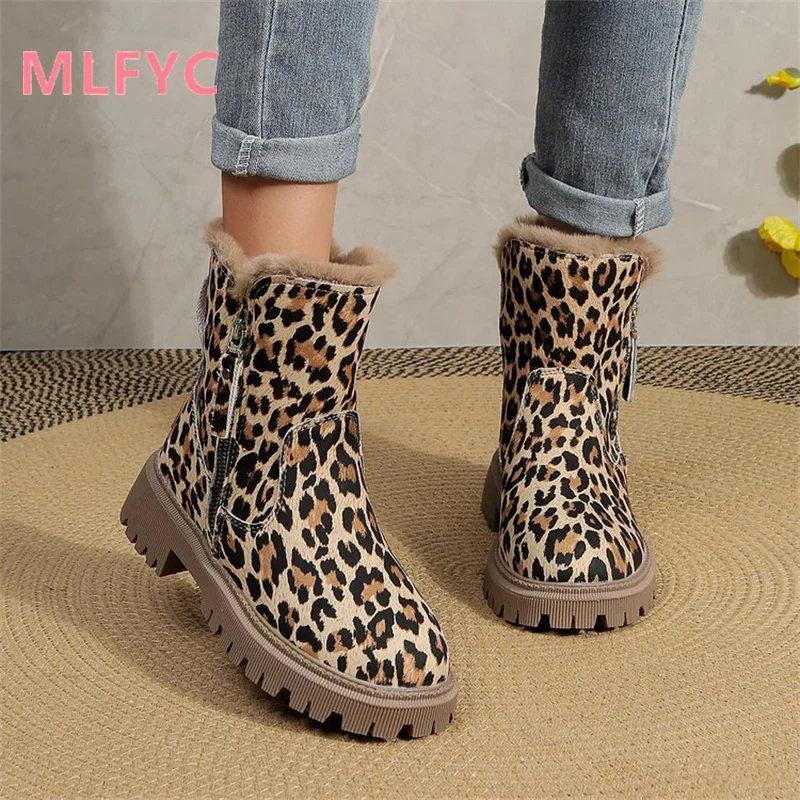 Winter New Thick Soled Snow Boots Women with Plush Thickened Fashionable Warm Cotton Shoes Women with Leopard Print Short Boots
