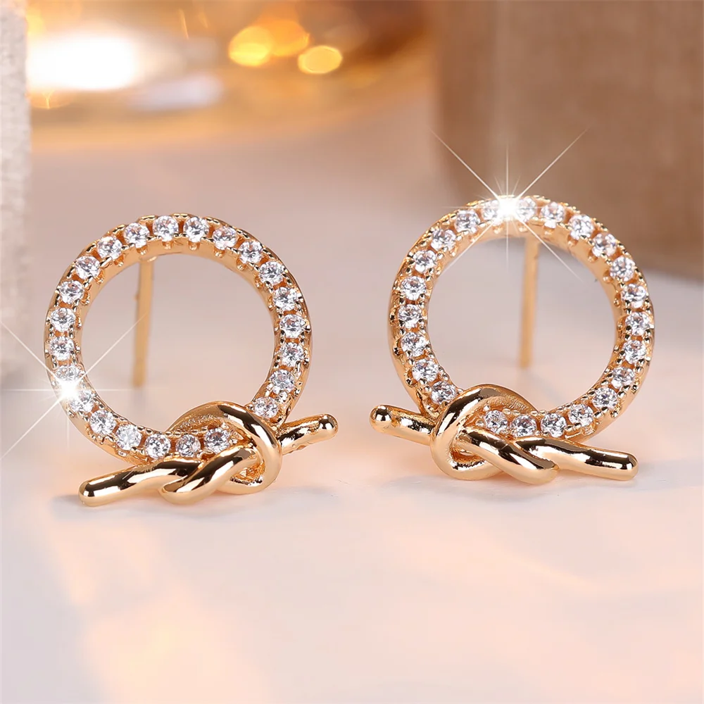 White Zircon Round Stone Earring Geometric Twist Metal Small Stud Earrings For Women Vintage Gold Color Versatile Jewelry Gifts