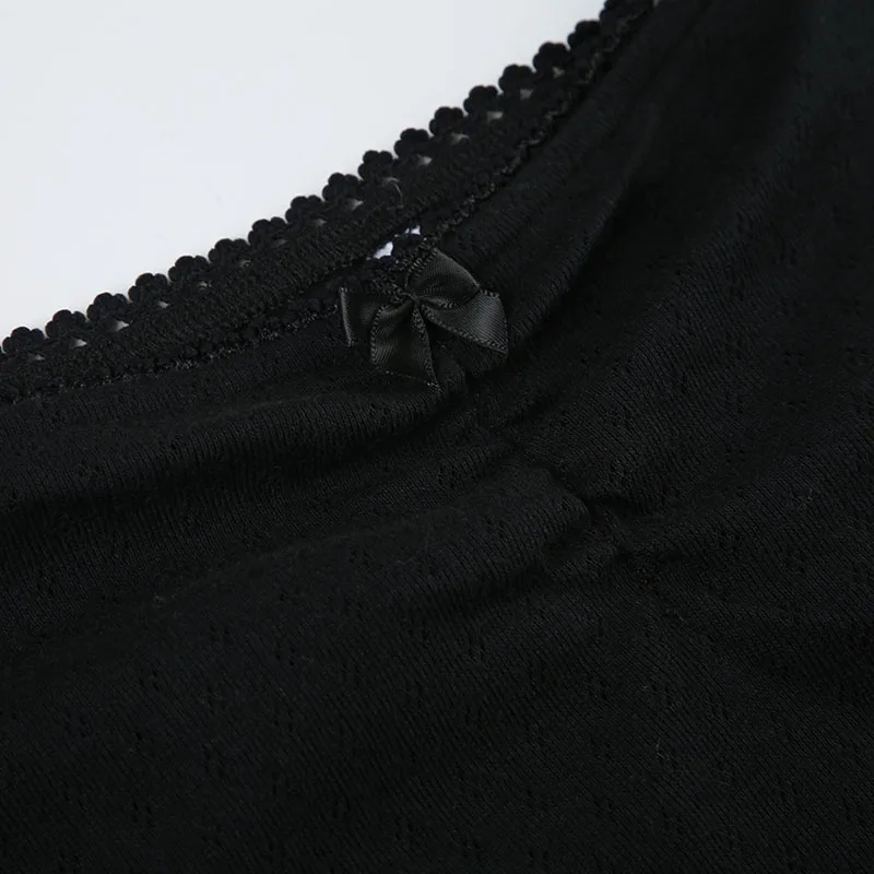 Korean Fashion Shirring Bow Square Collar Slim Long Sleeve Black T Shirt Women White Solid Basic Cute Japanese Top Tee