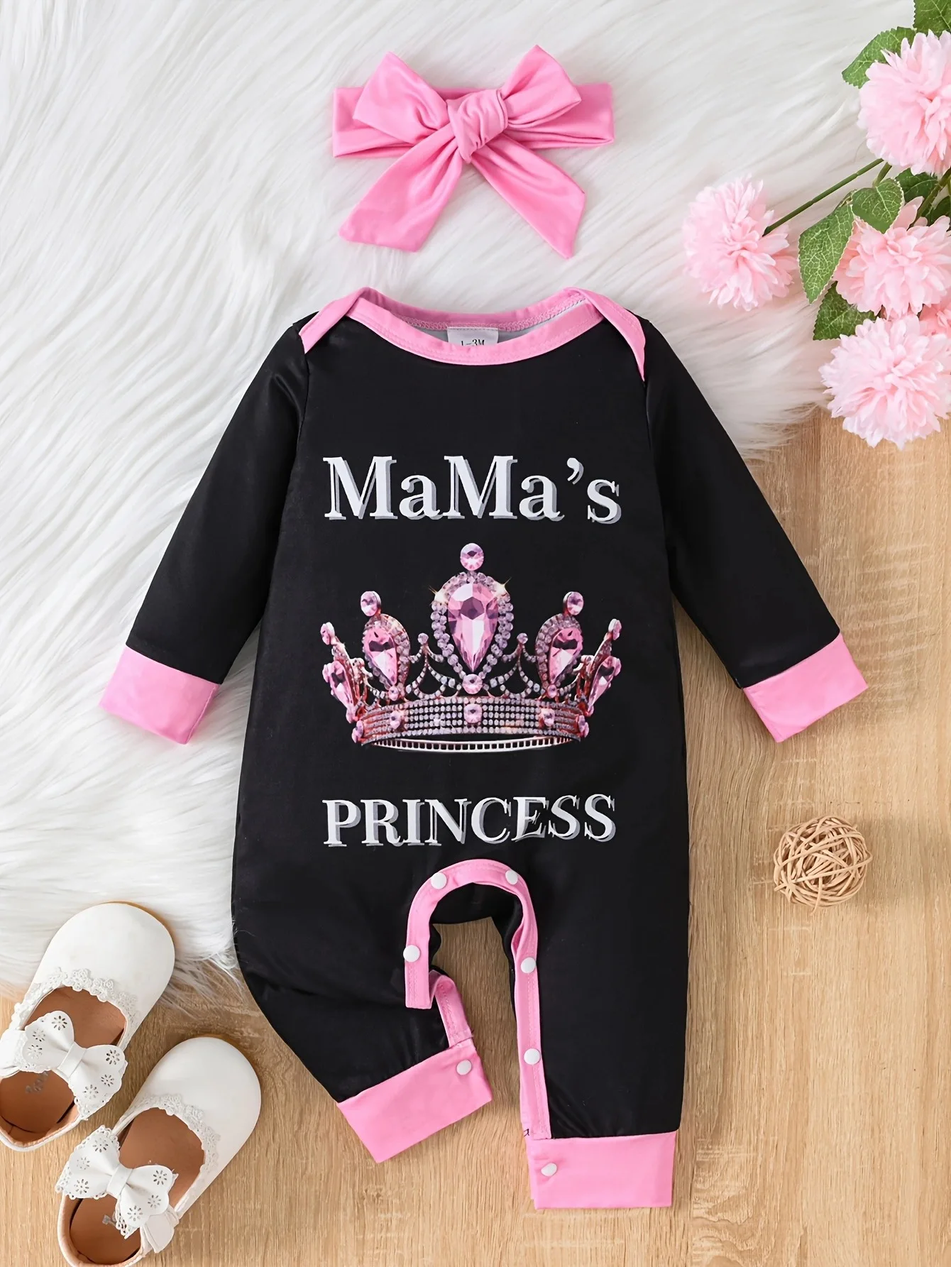 Newborn Girls Crown Print Jumpsuit Set 1