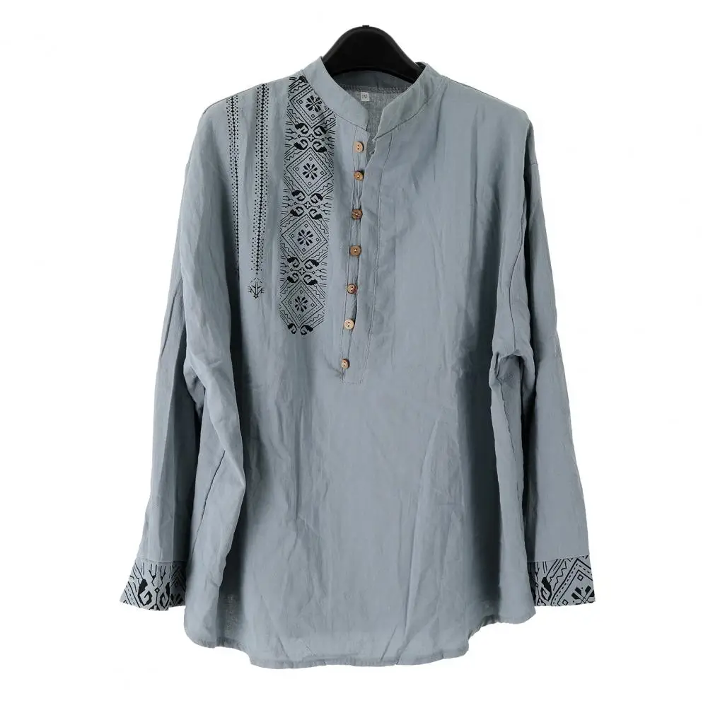 

Men Shirt Vintage Ethnic Style Men's Slim Fit Long Sleeve Pullover Stand Collar Mid Length Casual T-shirt for Spring Fall