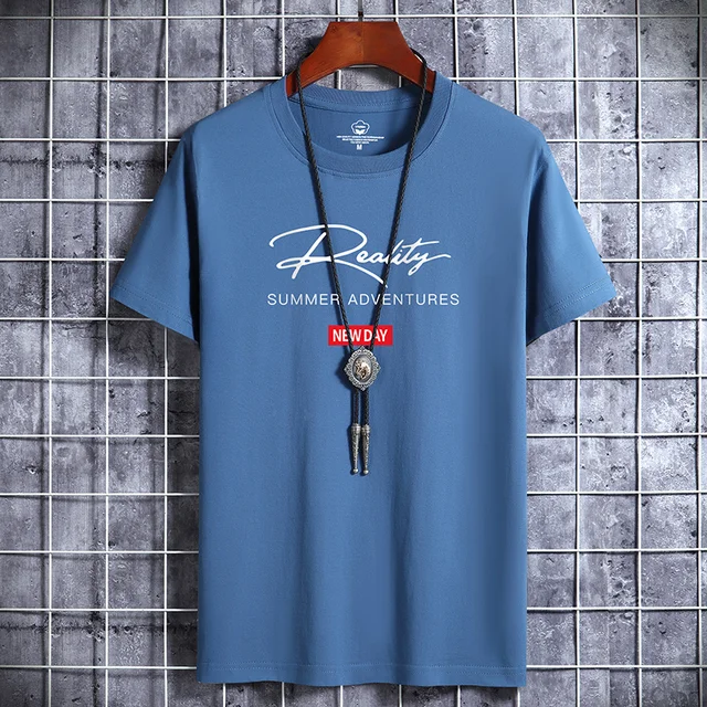 2022 NEW Letter Printing 100% Cotton Men T Shirt Hip-Hop Cotton T-shirt O-neck Summer Male Causal Tshirts Fashion Loose Tees J02 Haze blue