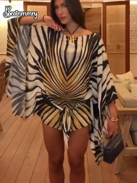 Robe Tunique Chic Rayée Style Kimono Col Bateau Manches Kimono Imprimé Chevron Ceinture à Nouer Robes Élégantes pour Femme Vestido