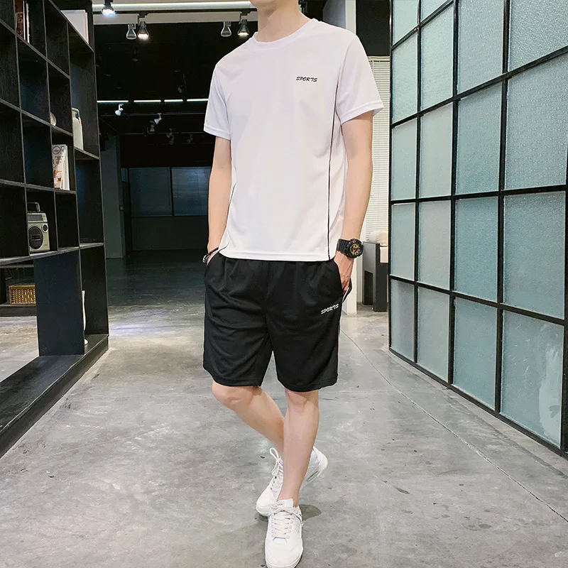 Summer Men's Sports Suit Fitness Short-Sleeved T-Shirt + Running Casual Quick-Drying Breathable Sportswear Shorts Two-Piece Set men s basketball vest quick drying basketball suit free custom logo printing men s sportswear training breathable running set