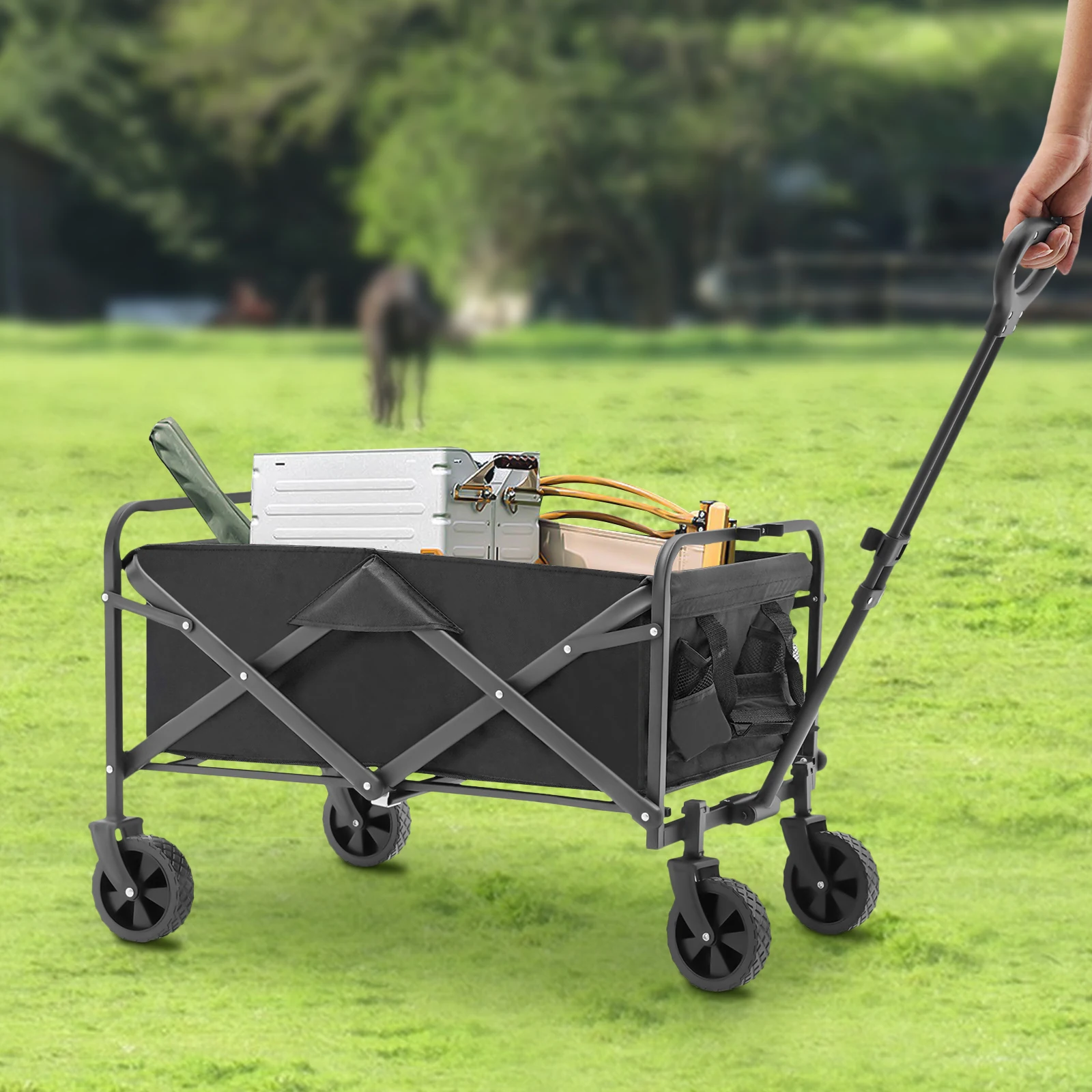 Collapsible Folding Wagon Garden Cart Utility Wagon Beach with 5" Rubber Wheels Adjustable Handle and 2 Cup Holders