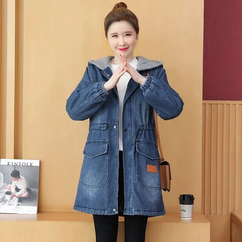 

Thicken Plush Hooded Denim Jacket Women's 2023 Winter New Korean Loose Warm Coat Casual Long Cotton Coats Female Parkas Overcoat