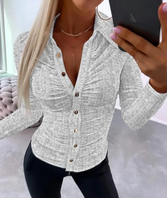 

Fashion Woman Blouse 2023 Spring Ruched Buttoned Long Sleeve Ribbed Casual Plain Turn-Down Collar Skinny Daily Tee Shirt Top