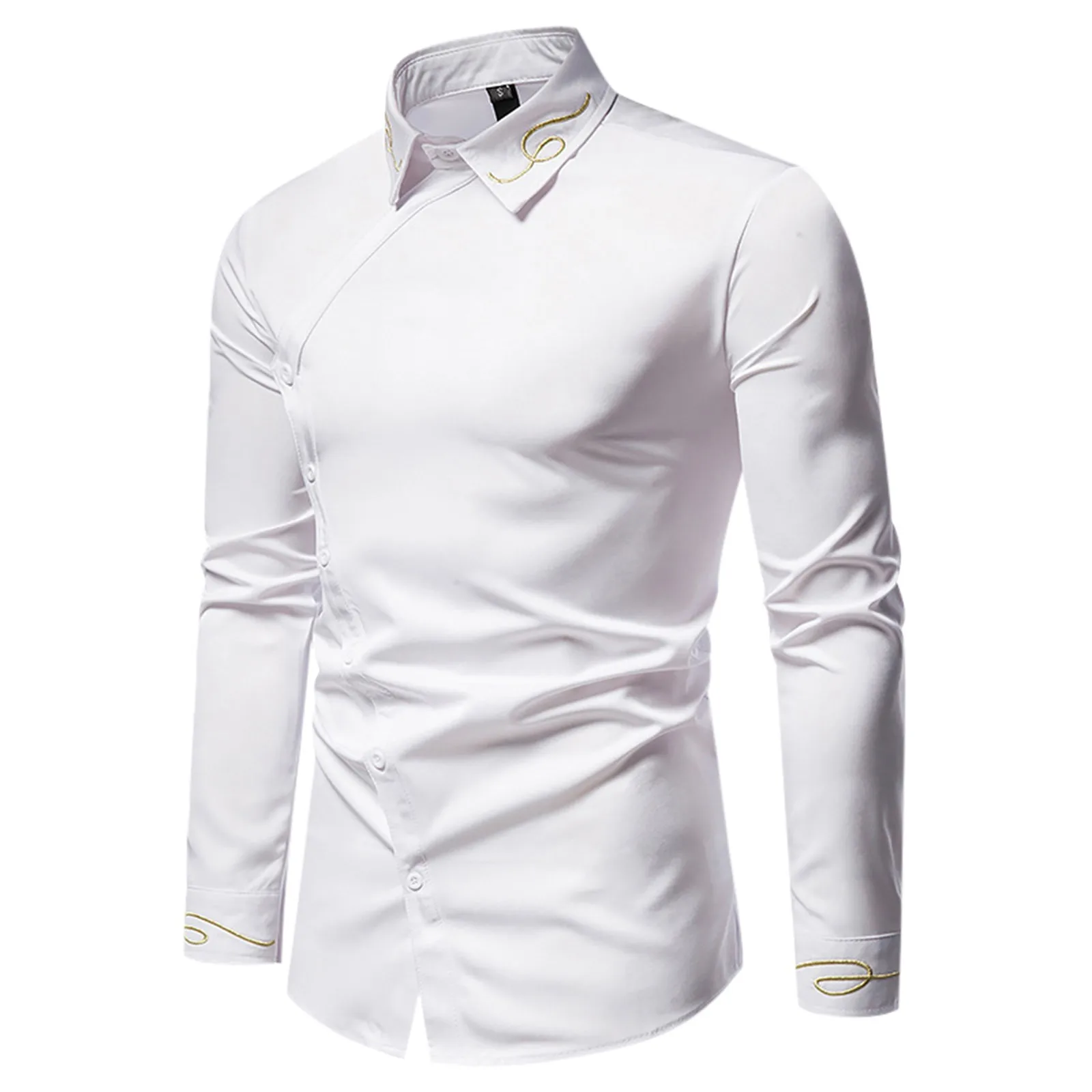 

Men’S Long Sleeve Dress Shirt Embroidered Asymmetrical Turn-Down-Collar Blouse Tops Diagonal Button Solid Color Elegant Clothing