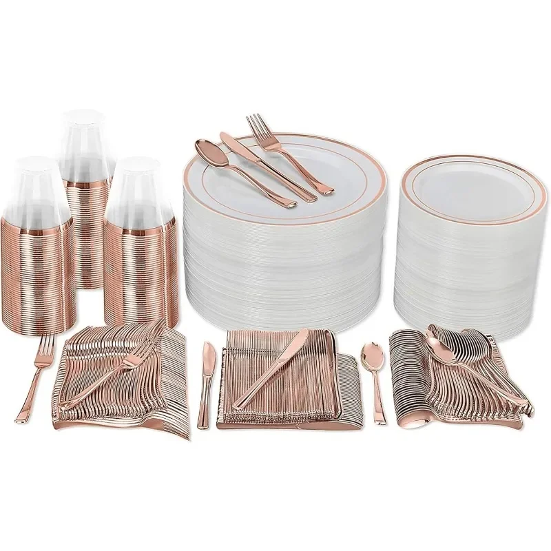 600 Piece Plastic Disposable Dinnerware Set 100 Guests Includes Dinner Plates Salad Plates Knives Forks Spoons Cups