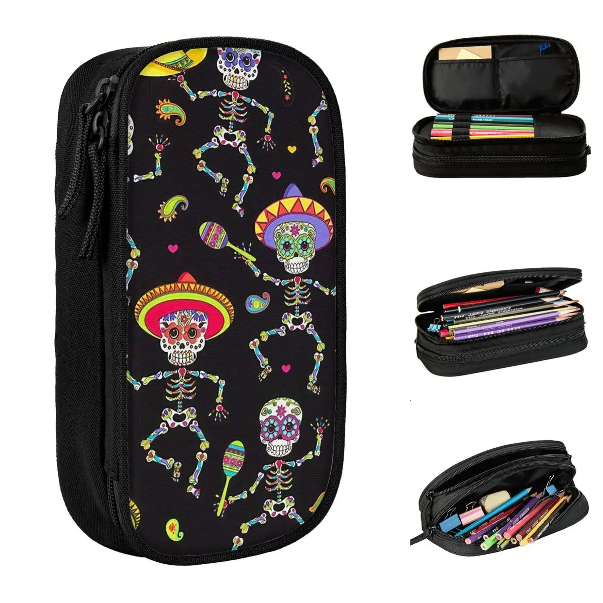 

Cute Dancing Skull Day Of The Dead Pencil Case Pencilcases Pen Box for Student Large Pencil Bag School Supplies Gifts Stationery