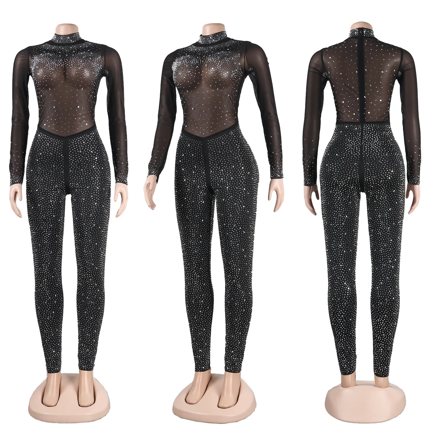 Sexy Party Jumpsuits Women 2023 Autumn Solid Mesh Diamond Fashion Long Sleeve Pants Jumpsuit Clubwear Female Overalls Streetwear