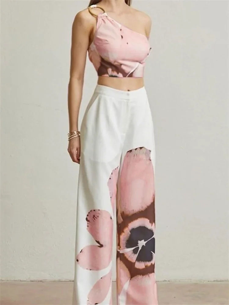 Wmstar Women Two Piece Set Casual Floral Print One Shoulder O Rings Crop Tops Wide Legs Pant Vacation Clubwear Tracksuit Set