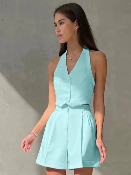 Summer New Commuter Sleeveless V-neck Hanging Neck Vest And Shorts Set 2024 Fashion Streetwear Tank Top French Two Piece Set
