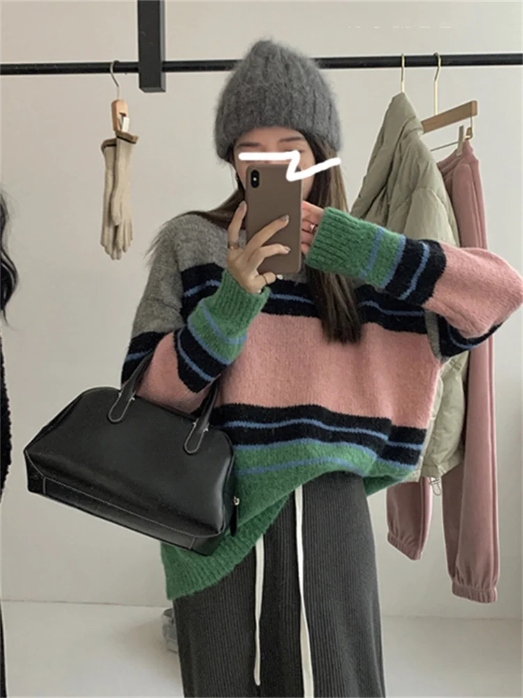 

Hsa 2023 Women Sweater and Jumpers O neck Striped Pull Jumpers Vertital Chic Korean Fashion Knitted Pull Femme Hiver Warm Femme