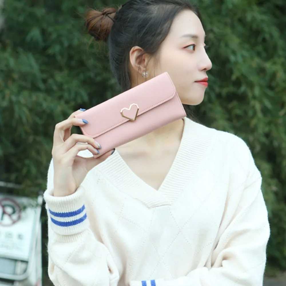 New Plain Heart-shaped Wallet Ladies Long Multi-card Buckle Mobile Phone Women's Wallet Women's Long Wallet