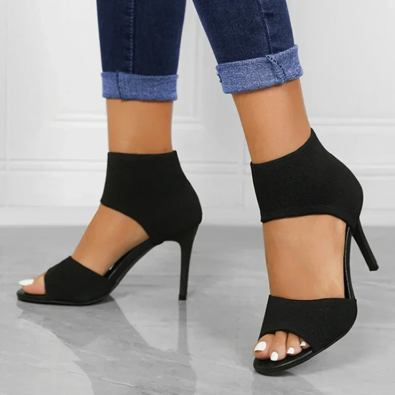 Women New Designer Knitted High Heels Sandals Summer Square Toe Thick Heeled Sandal Woman Sexy Slingbacks Black Party Shoes