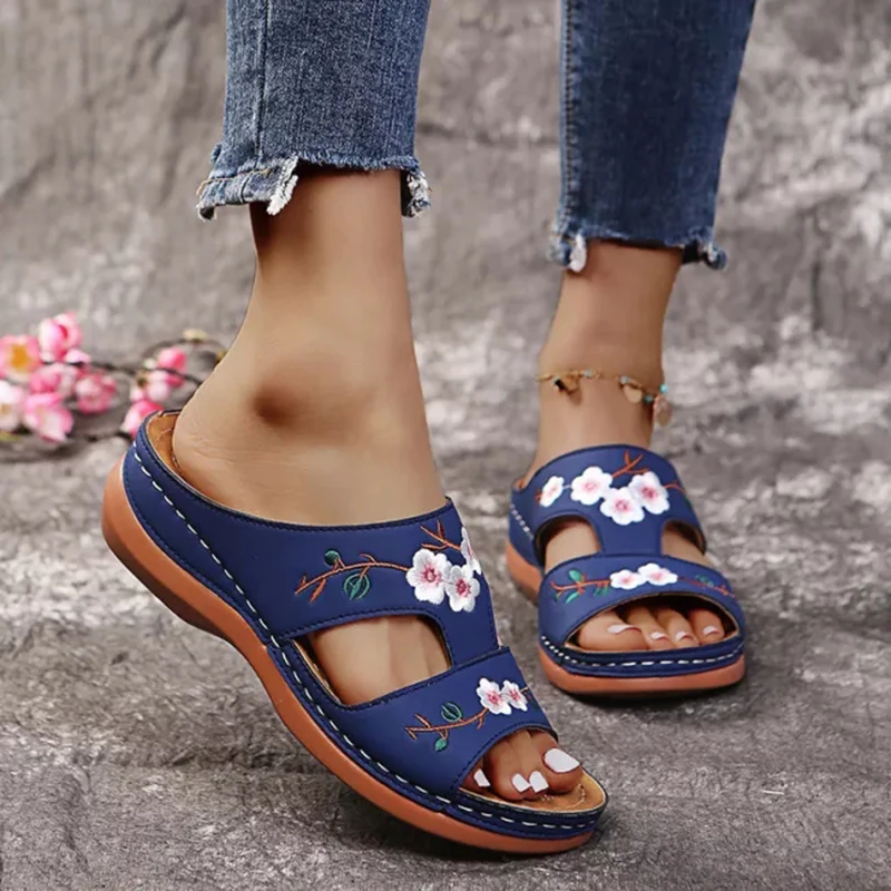 Women Leather Flower Embroidered Vintage Casual Soft Footbed Orthopedic Arch-Support Sandals For Daily Wear For Beach 1