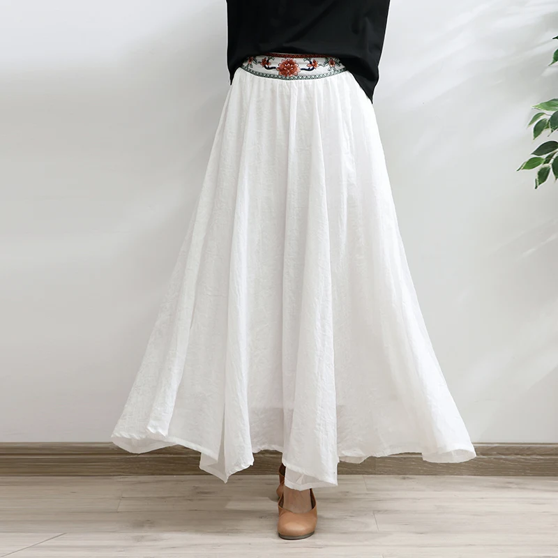 TIYIHAILEY Free Shipping 2022 Long Maxi Elastic High Waist Women Skirt Summer Casual Red White A-line Linen Cotton Embroidery