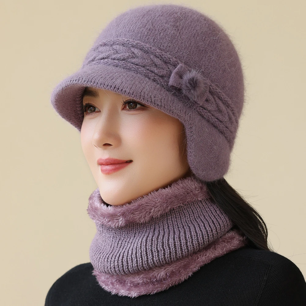 New Style Women Winter Hat Ear Protection Warm Suit Plush Fur Lined Warm Hats For Female Casual Rabbit Fur Winter Knitted Cap