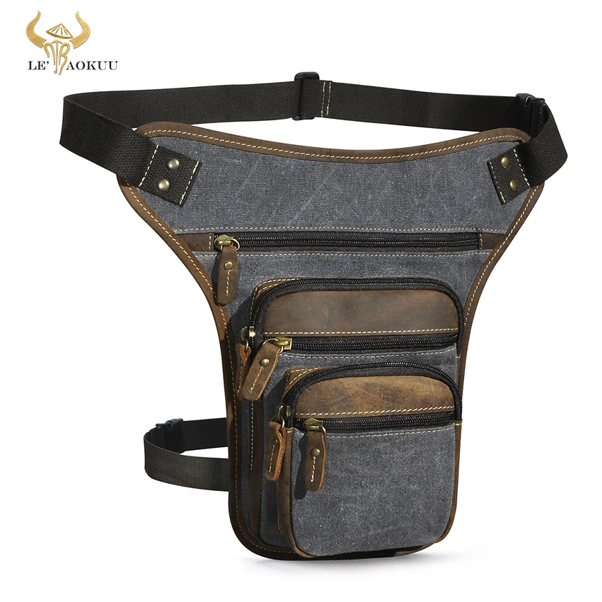 

Hot Sale Canvas + Crazy Horse Leather Design Men Messenger Mochila Bag Organizer Fanny Waist Belt Pack Drop Leg Bag Male 3111