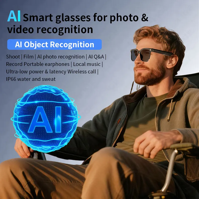 LIGE New 8MP Camera AI Glasses Men Smart Translation Glasses 1080P Video Recording AI Voice Control Waterproof Call Sunglasses