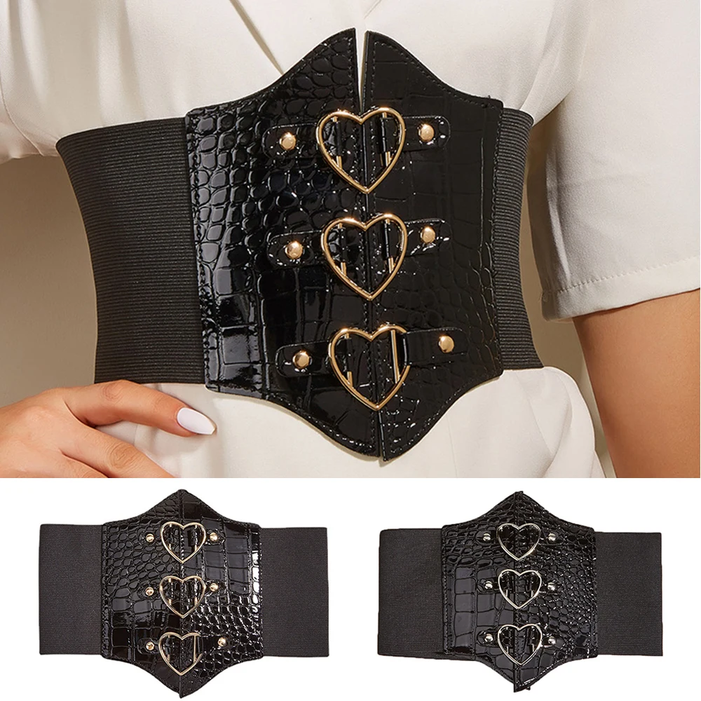 

Vintage Punk Black Wide Corset Belt Shirt Dress High Waist Waistbands Alloy Heart Shape Buckle PU Leather Stretch Cummerbunds