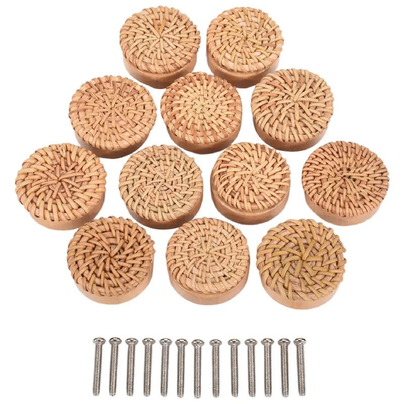 

Boho Rattan Dresser Knobs Round Wooden Drawer Knobs Handmade Wicker Woven and Screws for Boho Furniture Knobs 12Pcs