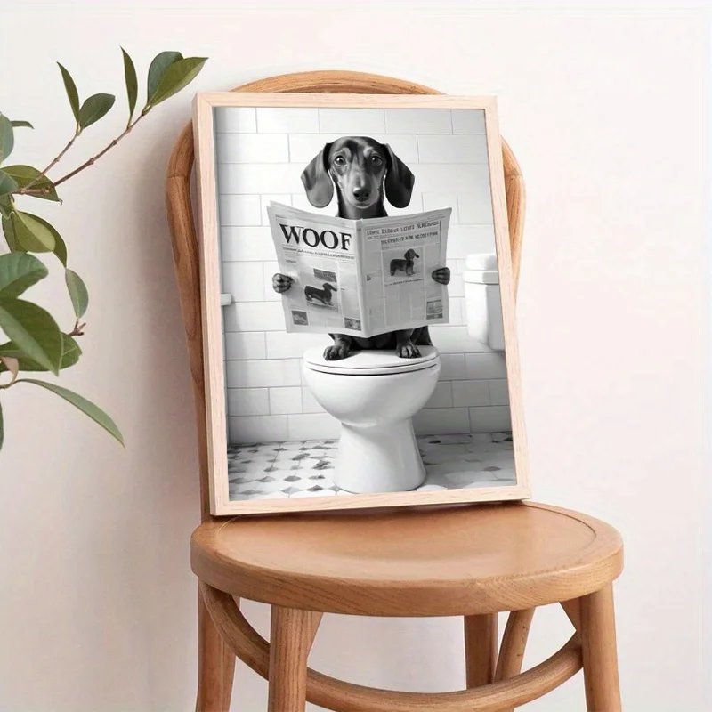 Cane da compagnia che legge il giornale 'WOOF' sul WC, regalo divertente per gli amanti dei cani, scelta perfetta per la decorazione del bagno, regalo creativo - immagine 4
