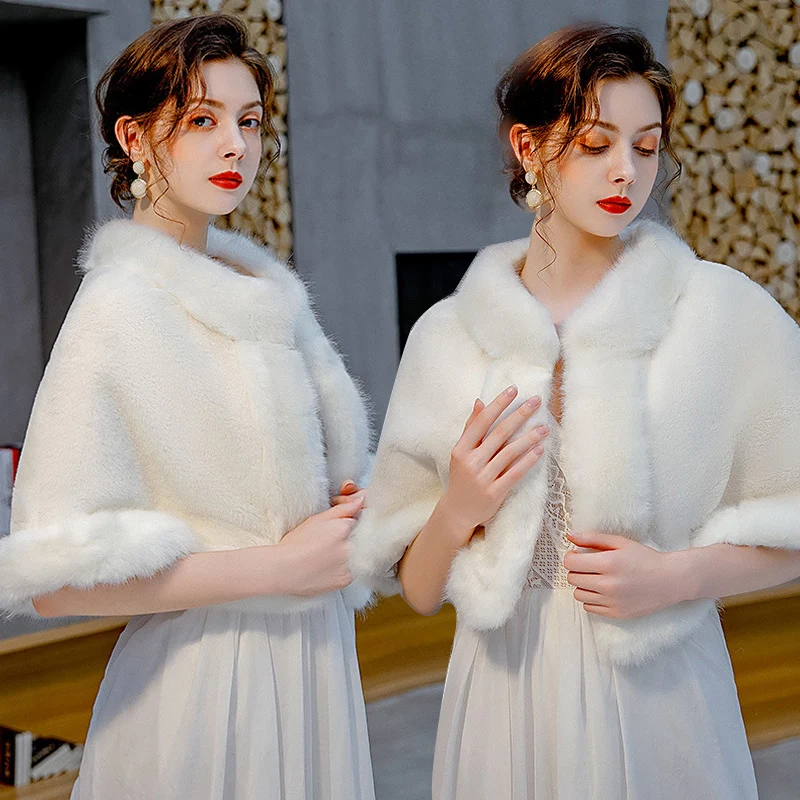 Winter Bridal Shrug Faux Fur Shawls Women Wedding Bolero Wraps Jacket Party Cape Shawl White Cape  Faux Fur Coat Robe