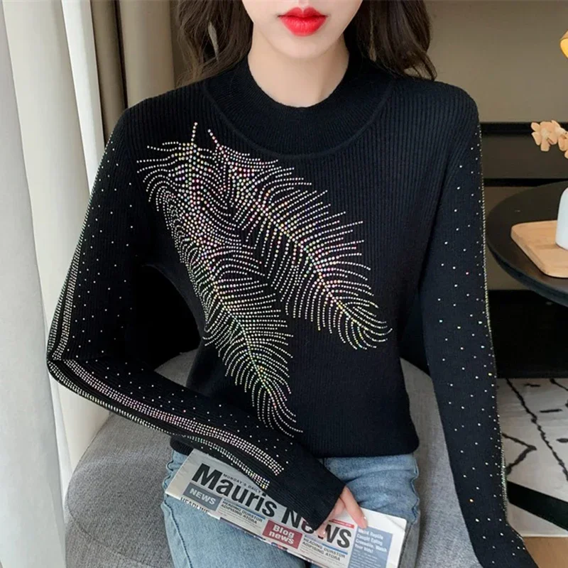 

Autumn Winter Long Sleeve Pullovers Women Sweaters New Fashion Bottoming Knitted Tops Fashion Leaf Diamond Knitwears 29436