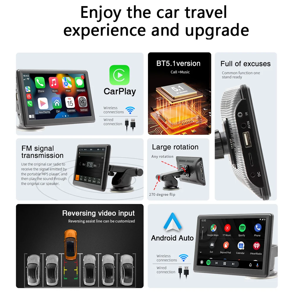 Car MP5 Player Compatible For Carplay Android Auto Wireless Stereo 7″ Touchscreen Bluetooth-compatible 5.1 Hands-free