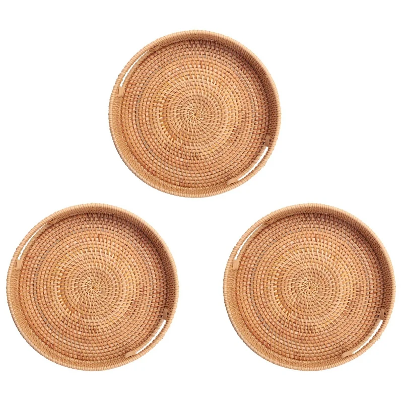 

3X Round Rattan Woven Serving Tray With Handles Ottoman Tray For Breakfast, Drinks, Snack For Coffee Table Decorative