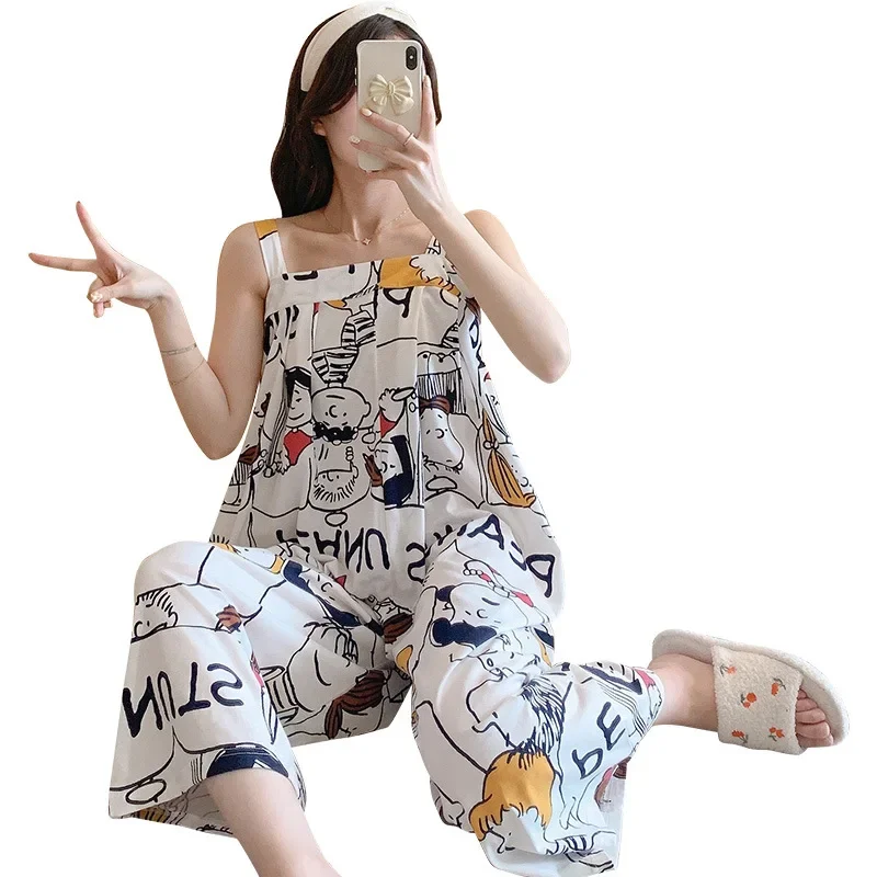 

Пижама с мультяшным принтом, Модный комбинезон, Капри с широкими штанинами, пижамы на бретелях, женская летняя Трикотажная хлопковая Домашняя одежда, праздничный подарок