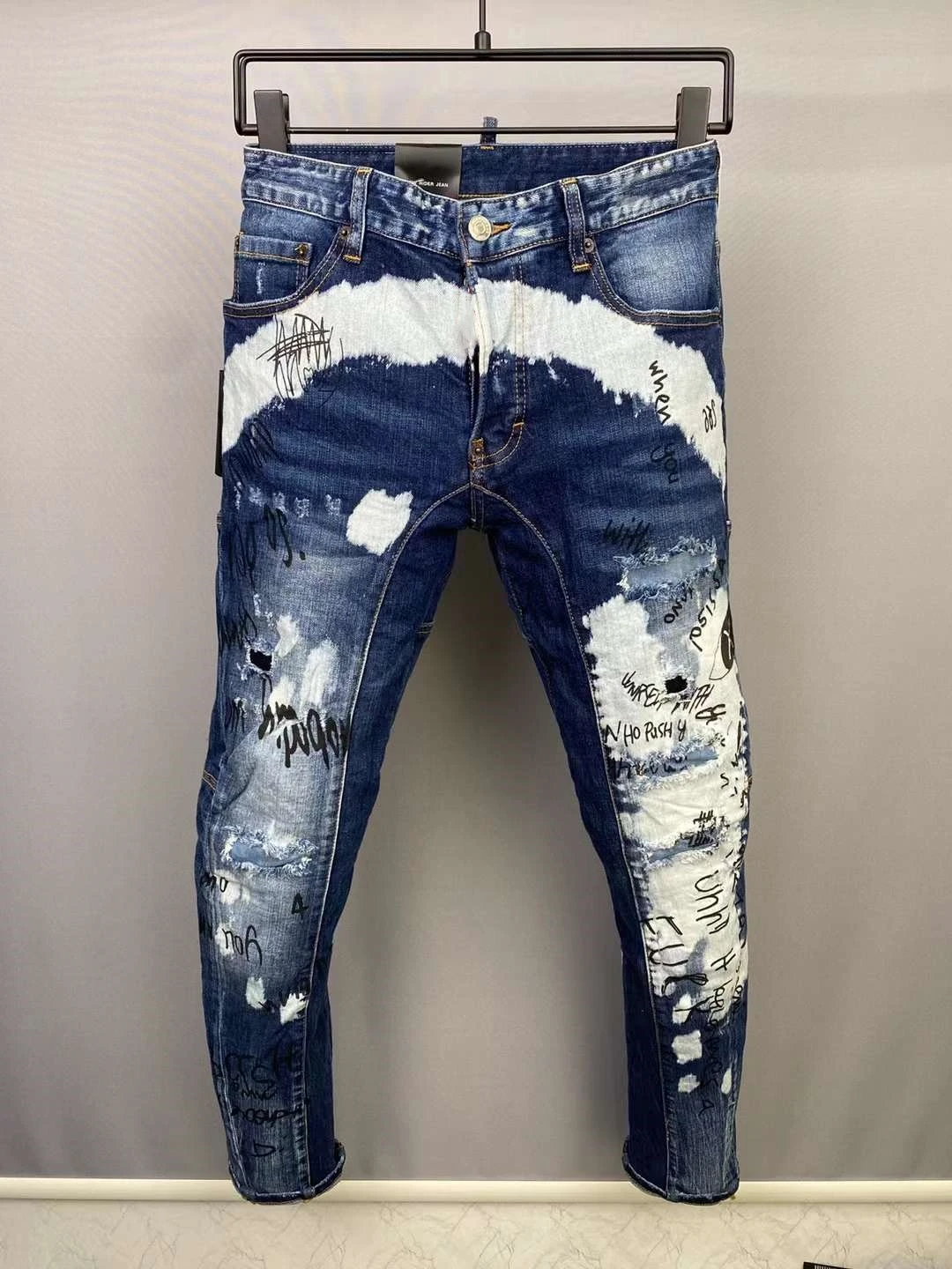 

Men's Letter printing Scratched Spliced Ripped Fashion Pencil Pants Jeans A136#