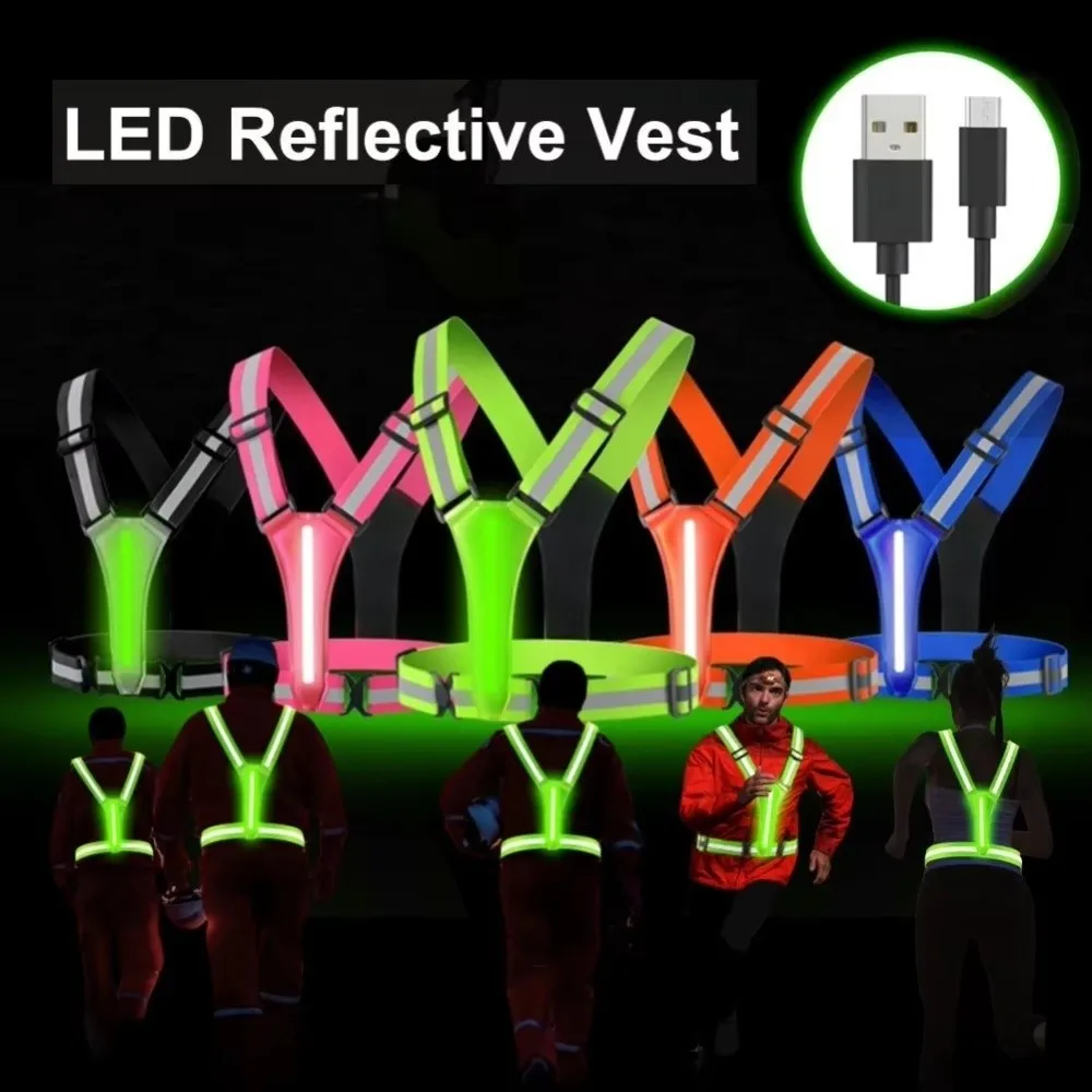 USB 충전식 LED 러닝 조끼 방수 조절 가능 발광 반사 조끼 반사 스트랩 통기성
