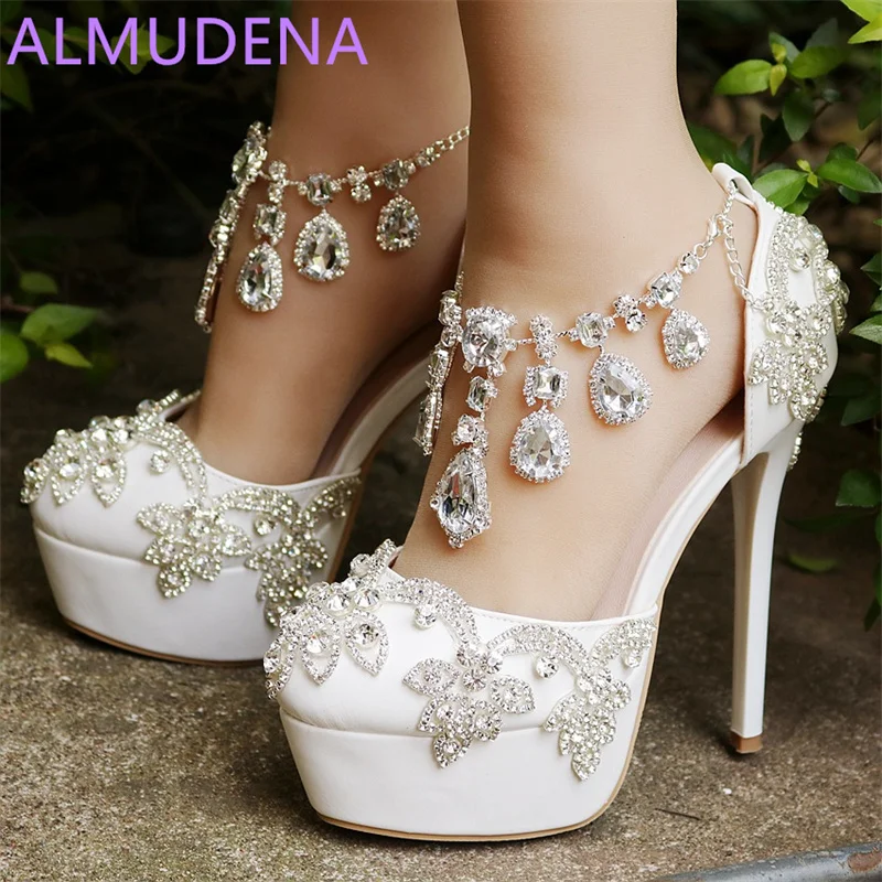 

Wedding Women Pumps Thin Heel Round Toe Platform Rhinestones Floral Silvery Chain Buckle Strap Shoes Elegance Super High Heels
