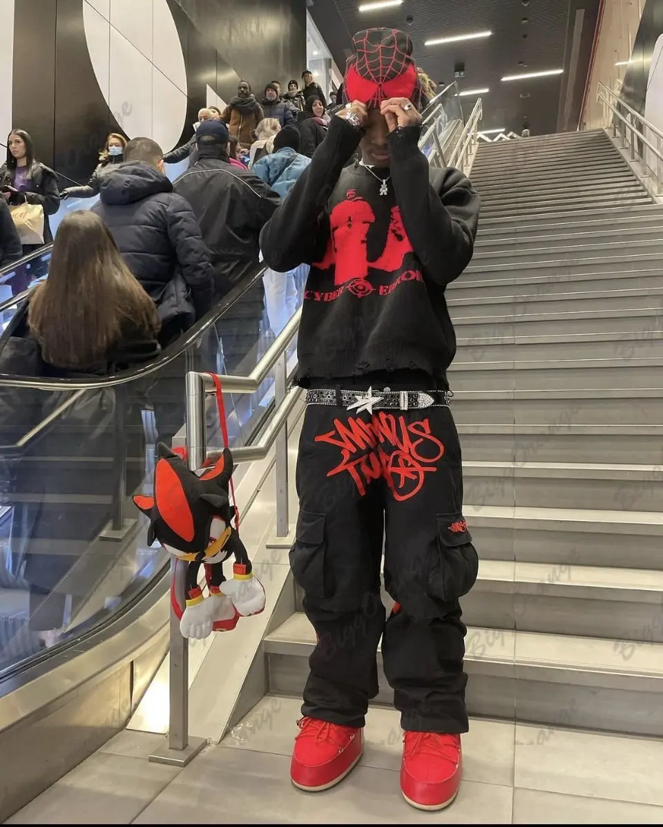 

2023 New Fashion Minus Two Black Pants Harajuku Hip Hop Print Loose Overalls Joggers Men Y2K Retro Street Trend Cargo Pant