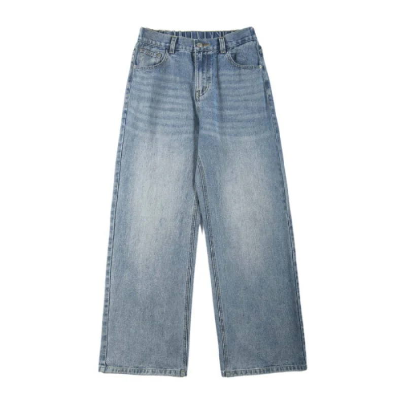 2024Spring and Summer Half Elastic Waist of Trousers Fashion American Retro Jeans Men's Loose Straightclean fitWide-leg pants