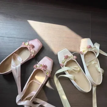 Women Flats Bow Marie Janes Shoes  New Lolita Dress Square Toe Shoes Designer Walking Sandals Female Elegant Zapatos 1