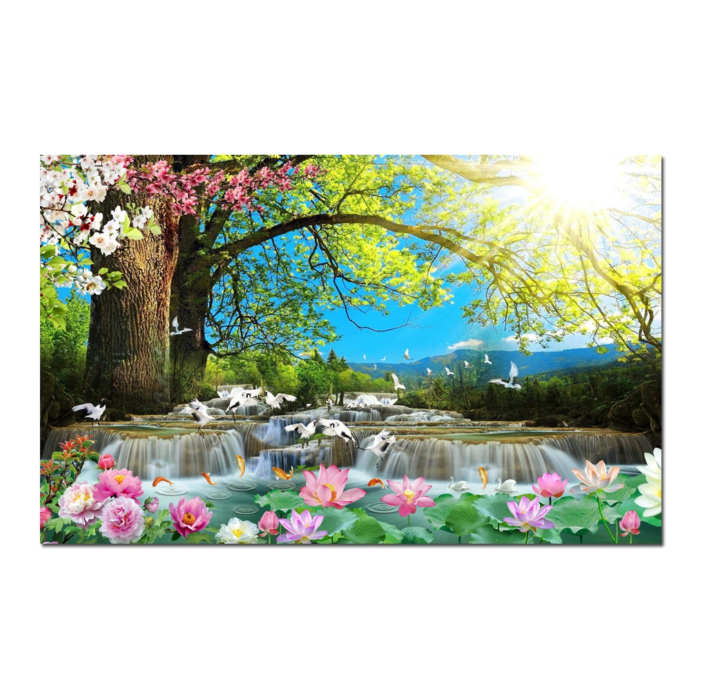 

Waterfall Landscape Flowers Nature Painting Canvas Prints Picture Wall Art Home Decor HYS2026