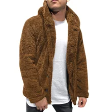 

Men Fluffy Fleece Coat Jacket Male Spring Autumn Long Sleeve Hooded Coat Plush Buttons Closure Thicken Warm Men Coat Outerwear