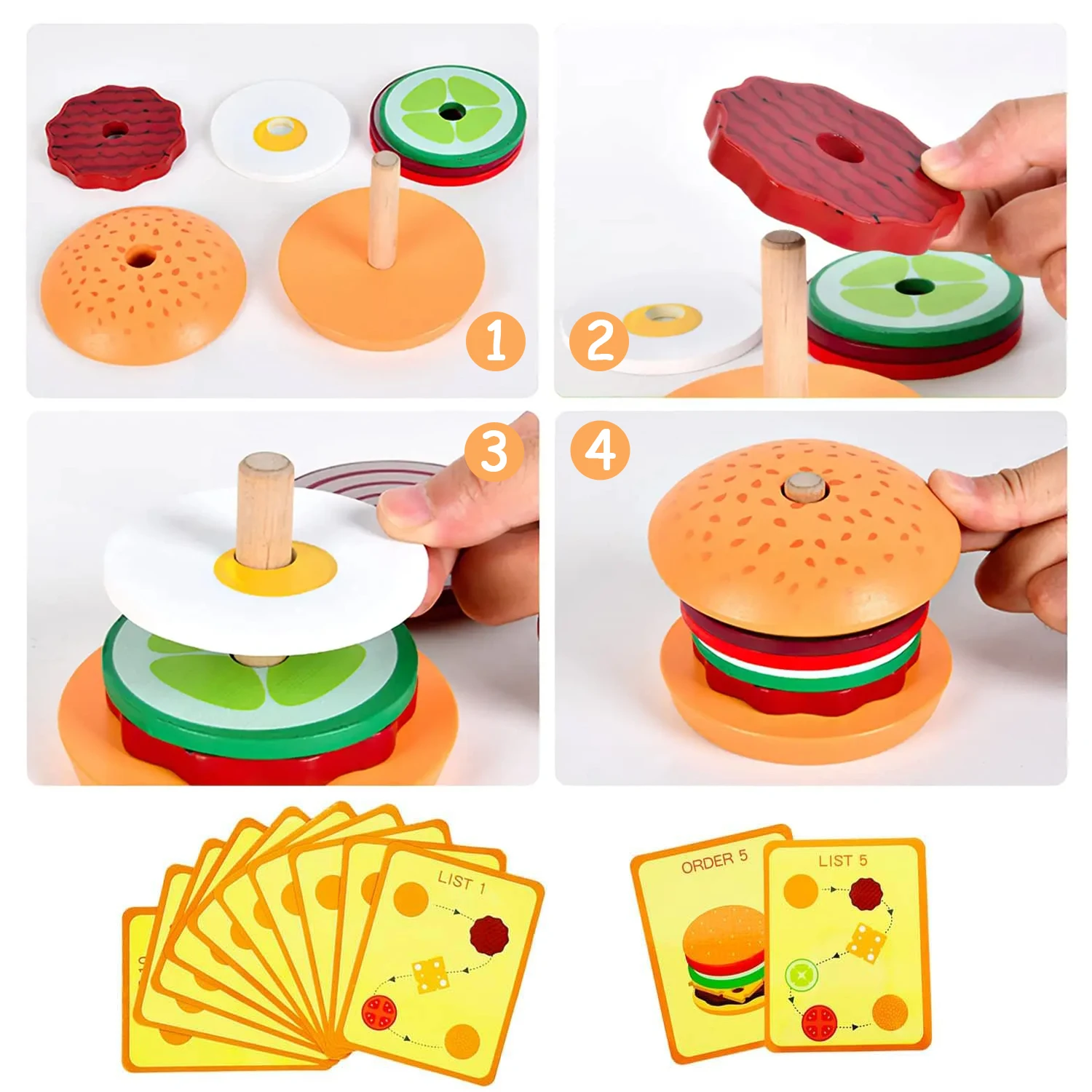 Wooden Burger Sandwich Stacking Toys For Toddler Kids Preschool Learning Educational Toys Pretend Play Food Kitchen Toys Gift 4