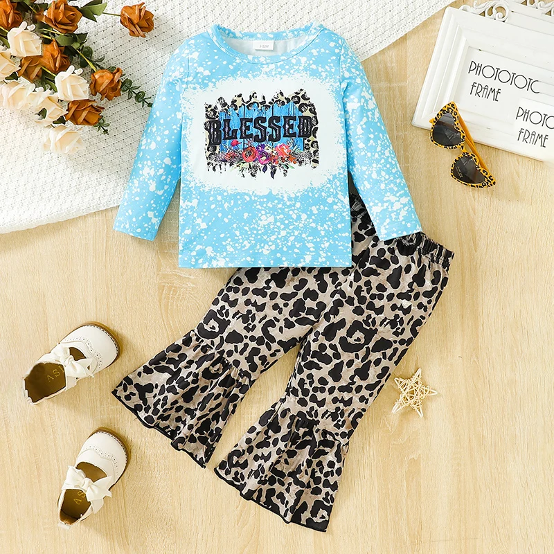 

Toddler Girls Fall Outfits Letter Print Crew Neck Long Sleeve T-Shirts Tops Leopard Print Flare Pants 2Pcs Clothes Set