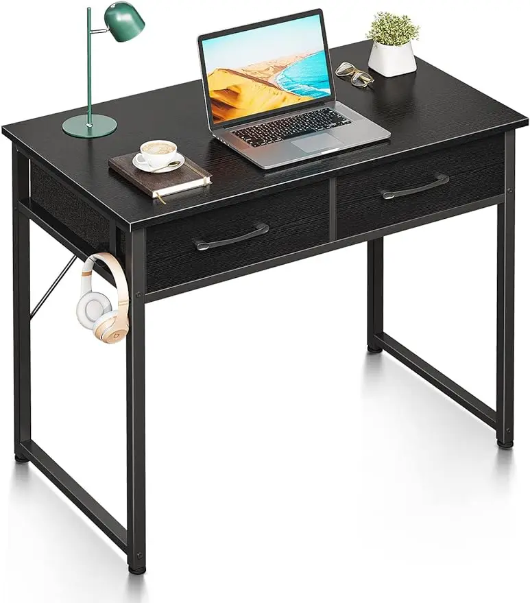 Small Desk with Fabric Drawers- for Bedroom, White Study Desk with Storage, Home Office Computer Desk for Small Spaces, 32 I