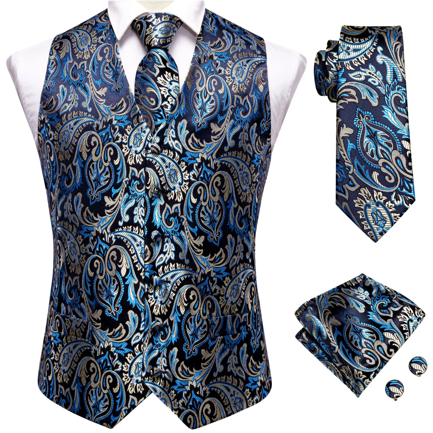 Enlision Set Gilet Uomo Elegante Paisley - Con Cravatta E Fazzoletto, Jacquard, Per Matrimoni E Feste